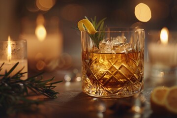 A cozy close-up of an amber cocktail garnished with a lemon twist and rosemary sprig, illuminated by soft candlelight.