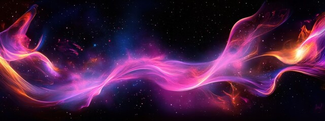 Obraz premium Abstract aurora, cosmic waves, vibrant colors, neon lights, flowing energy, night sky, celestial phenomenon, digital art, smooth curves, glowing ribbons, surreal landscape, ethereal atmosphere, electr