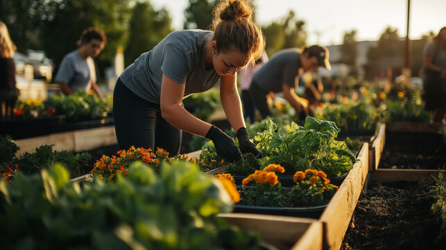Gemeinsame Gartenarbeit: Menschen pflanzen Blumen und Kr&auml;uter in Hochbeeten

