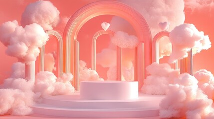 Soft pink clouds surround colorful arches, creating dreamy, whim