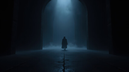 Obraz premium Futuristic setting with an AI figure standing amidst a large archway.