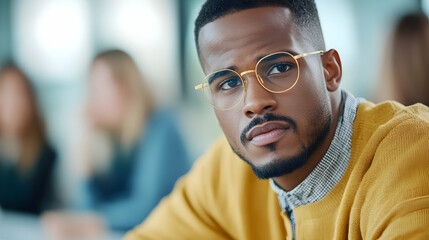 A young man in glasses engages thoughtfully while others discuss ideas around him