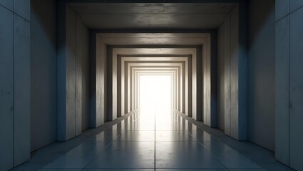 Fototapeta premium A minimalist corridor illuminated by soft light, leading to a bright exit, conveying depth and perspective.