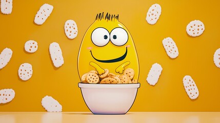 A cute animated cheese ball character spinning around a snack bowl filled with crunchy treats