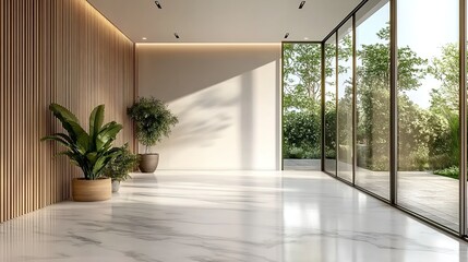 Obraz premium Modern minimalist-style villa interior design, with a white marble floor and light wood wall panels, large glass windows, and indoor plants.