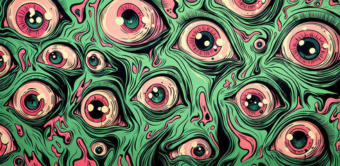 Psychedelic Horror  illustration of green and red human eyeballs 