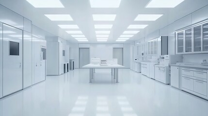 Fototapeta premium A clean, white laboratory with square ceiling lights, a long table in the center of the room, and cabinets on both sides.