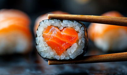heart-shaped sushi with salmon in between chopsticks close up Valentine's Day dinner idea