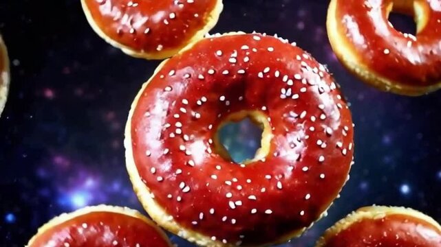 red glazed donut forming glowing galaxy or circular pattern of vibrant donuts in cosmic arrangement