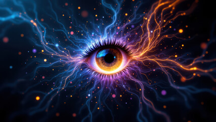 Eye with digital glitch-art effects, suggesting AI or cybernetic theme.