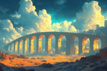 Ancient stone aqueduct in a desert, under cloudy sky.