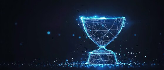 A digital trophy made of glowing blue lines on a dark background