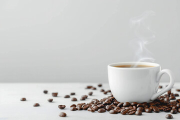 Freshly Brewed Espresso in a Coffee Cup with Creamy Swirl, Surrounded by Roasted Coffee Beans for a Rich Coffee Experience