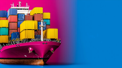 Obraz premium Colorful cargo ship with stacked containers, set against a vibrant pink and blue background, showcasing maritime transport and logistics.