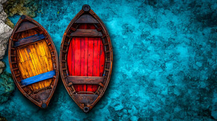 Fototapeta premium Two colorful wooden boats resting on clear blue water, surrounded by a rocky shoreline, creating a serene and vibrant coastal scene.