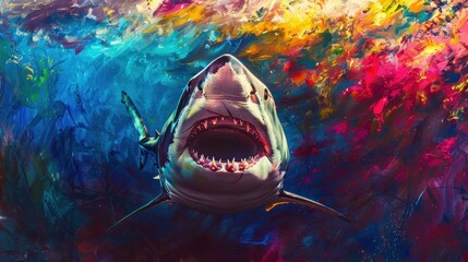 Shark, front view, open mouth, vibrant colors