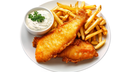 A plate of golden-brown crispy fish and chips isolated on a transparent background, PNG