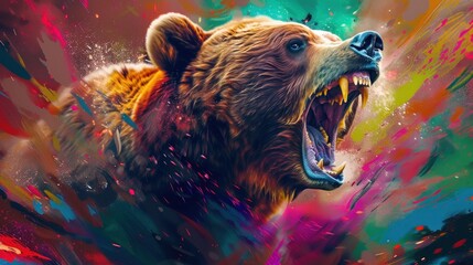 A big bear with strong muscles roars, vibrant colors