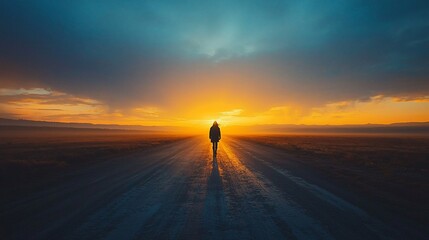 Solitary figure walking on a road towards a vibrant sunset.