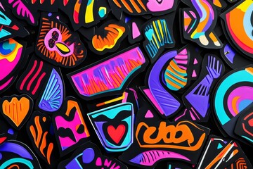 Naklejka premium Vibrant shapes, abstract designs, neon colors, dark background.