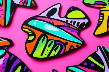 Brightly colored abstract shapes on pink.