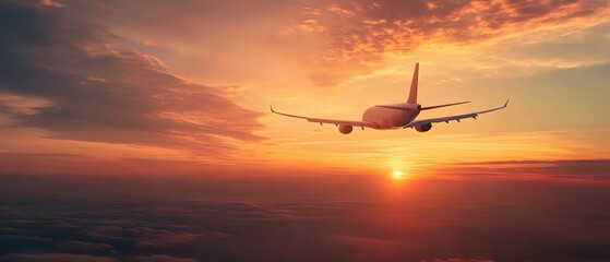 A plane flying in the sky at sunset, symbolizing travel and adventure