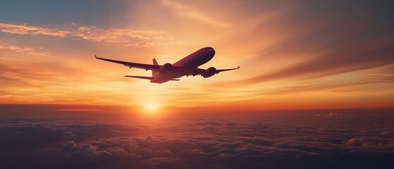 A plane flying in the sky at sunset, symbolizing travel and adventure