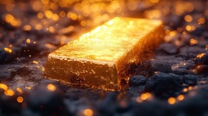 Glowing gold bar rests on dark rocks.