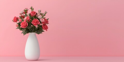 Fototapeta premium Valentine's Day Romantic Pink Roses in Elegant White Vase Minimalist Floral Arrangement Studio Shot