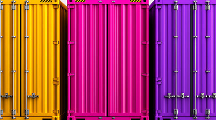 Obraz premium Colorful shipping containers in vibrant yellow, pink, and purple, stacked side by side, creating a striking visual impact.