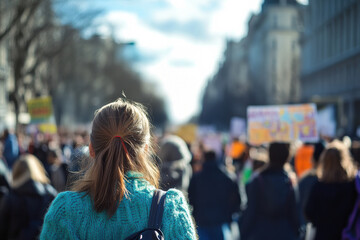 Crowd of protesters marching during a woman equality event in a city street on a sunny day