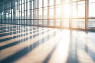 Fototapeta premium Bright sunlight streaming through large panoramic windows in a modern office building creates an uplifting and inspiring atmosphere, filling the spacious interior with warm, inviting light