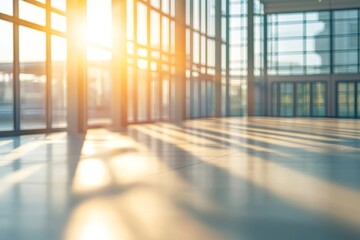 Fototapeta premium Warm sunlight illuminating an empty modern office interior with large windows and a tiled floor at dawn, casting long shadows across the clean, minimalist space