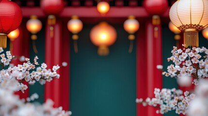 Red Chinese Gate Surrounded by Blooming Flowers