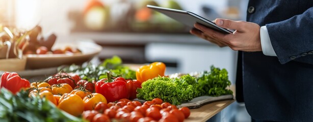 Professional chef using a digital tablet and checking fresh vegetables ingredients in a commercial kitchen, preparing healthy food for the restaurant menu