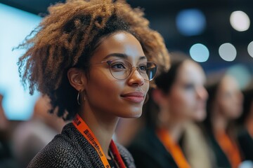 Engaging woman participating in a discussion during Woman March event in 2023