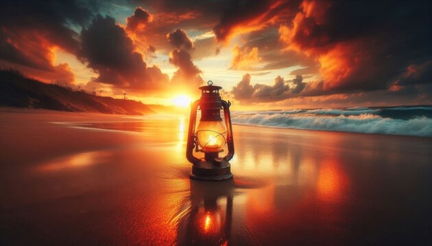 Glowing oil lantern on beach, sunset sky, golden hour, reflective wet sand, orange and yellow hues, silhouette horizon, ocean waves, atmospheric lighting, dramatic clouds, vintage mood, peaceful seasc