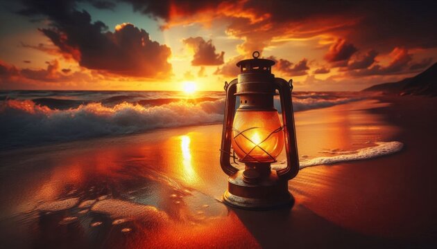 Glowing oil lantern on beach, sunset sky, golden hour, reflective wet sand, orange and yellow hues, silhouette horizon, ocean waves, atmospheric lighting, dramatic clouds, vintage mood, peaceful seasc