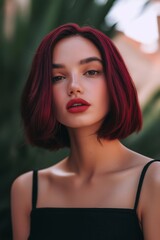 Fototapeta premium Young woman with striking burgundy hair and bold red lipstick, posing confidently in a fashion shoot, showcasing a stylish black top against a vibrant, natural backdrop