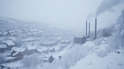 Minimalist photo of a snow-covered cityscape with a gas heating plant visible, its chimneys contrasting against the white landscape 