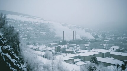 Snow-covered industrial town with factory chimneys emitting smoke, symbolizing winter, environmental pollution, urbanization, and the impact of industry on small communities and nature