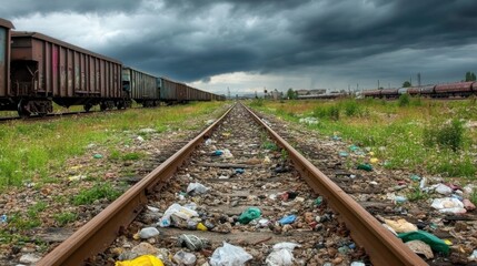 Obraz premium Waste Along Rural Railway Line Under Overcast Sky