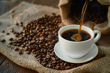 Freshly Brewed Espresso in a Coffee Cup with Creamy Swirl, Surrounded by Roasted Coffee Beans for a Rich Coffee Experience