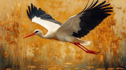 Fototapeta premium White stork in flight, gold autumnal background.