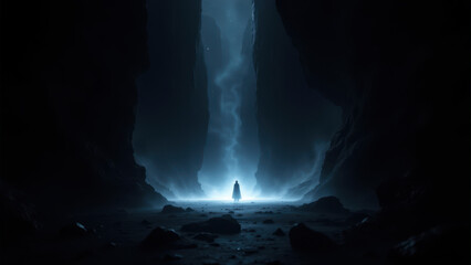 A person standing on rocky terrain with a bright blue light emanating from below.