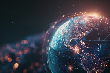 Obraz premium A mesmerizing digital rendering of Earth at night, showcasing interconnectedness and global communication. Warm light illuminates cityscapes.