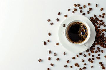 Fototapeta premium Freshly Brewed Espresso in a Coffee Cup with Creamy Swirl, Surrounded by Roasted Coffee Beans for a Rich Coffee Experience