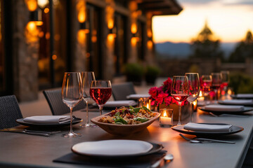 Romantisches Abendessen im Freien mit köstlichem Essen und Wein

