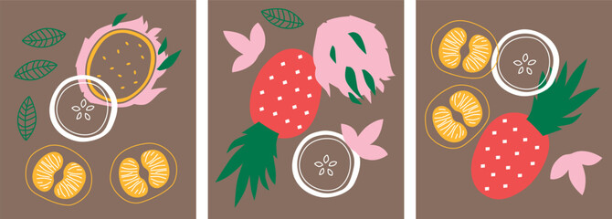 Appetizing fruit and berries collection. Decorative abstract horizontal banner with colorful doodles. Hand-drawn modern illustrations with fruit and berries, abstract elements. Abstract series	
