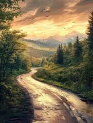 Obraz premium A nature road landscape illustration
